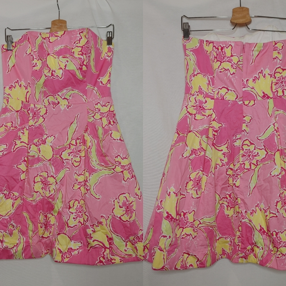 Lilly Pulitzer Dress Blossom Hotty Pink Daylily Strapless Pockets‎ Mini Yellow 6